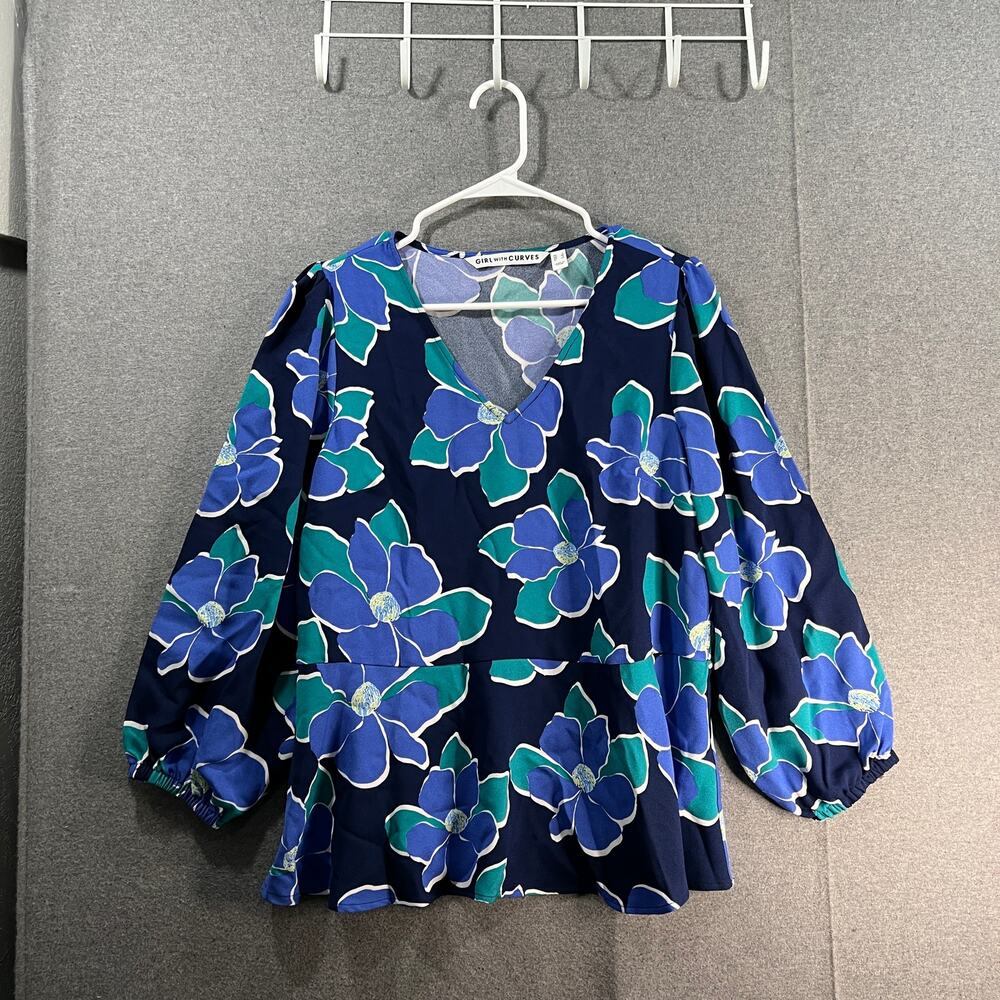 Girl With Curves Knit Crepe Peplum Top Navy Floral Size Small